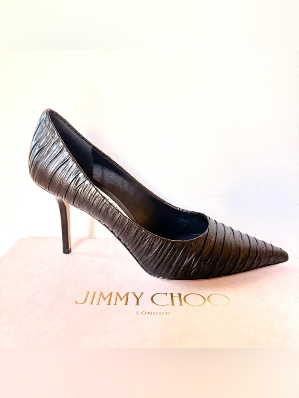Jimmy Choo Love 85 Black Ruched Leather Pumps Size 38 US 8 New
